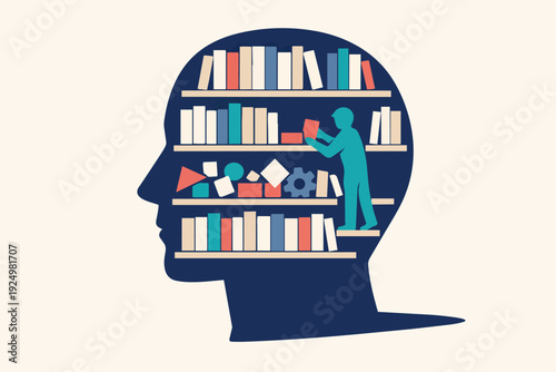 Person arranging books in a head-shaped library, symbolizing learning, education, and memory