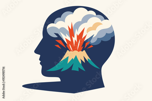 Human head silhouette with erupting volcano inside, symbolizing stress and anger