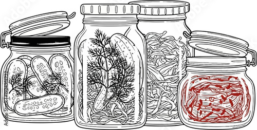 Collection of glass jars filled with preserved food, some with lids ajar