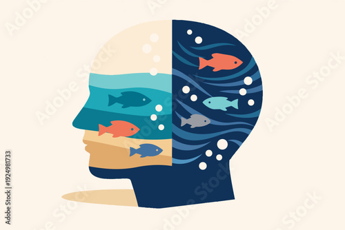 Head profile showing ocean and fish inside, visualizing subconscious mind and thoughts