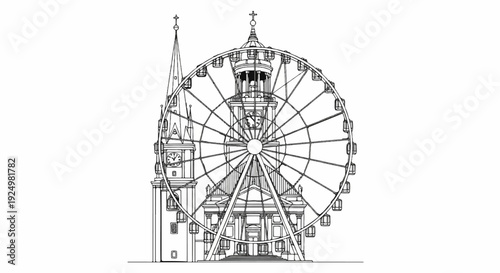 Black and white sketch of a Ferris wheel with elaborate clock tower building