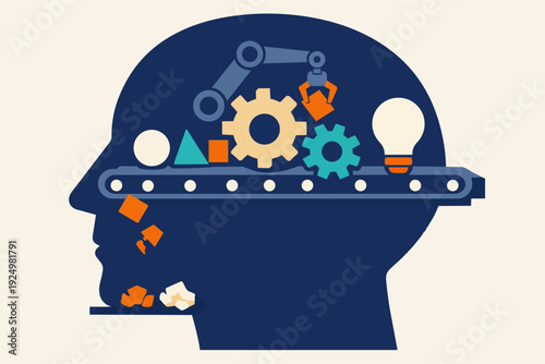 Human head with conveyor belt processing thoughts, creating ideas and innovation