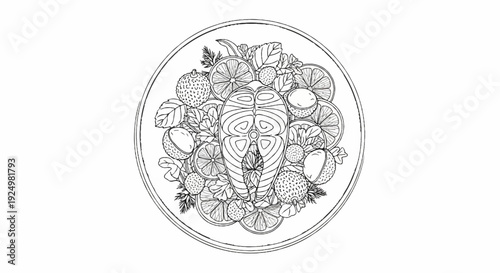 Black and white sketch of a circular plate filled with a fish steak and assorted citrus fruits