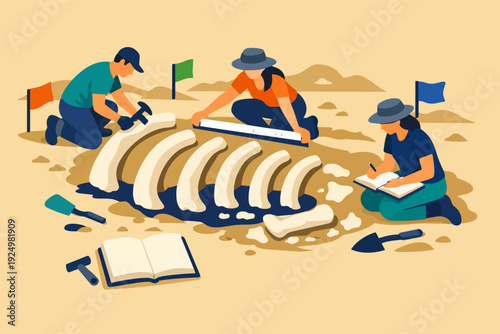 Paleontology team excavating dinosaur fossils, discovering ancient history and science