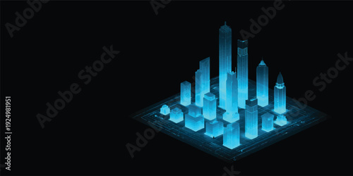 An abstract blue light bulb glows over a 3d cityscape illustration featuring night skyscrapers and urban architecture in a conceptual business design