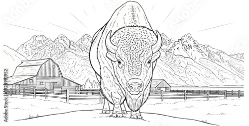 A bison stands in front of barns and mountains, drawn in a sketch style