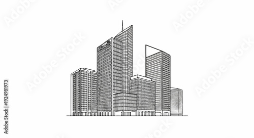 A black and white line drawing depicts a dense cluster of modern skyscrapers in an urban setting