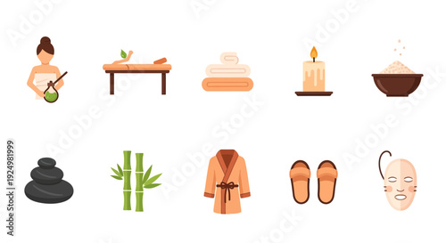 A collection of ten flatdesign icons related to spa and wellness treatments