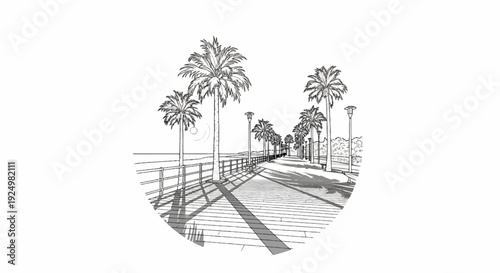 A sketch of a palm-lined promenade by the sea on a sunny day