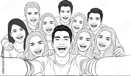 A group of friends joyfully taking a selfie together, smiling widely
