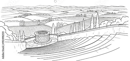 A scenic countryside estate with terraced gardens, vineyards, and distant hills under a sun