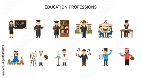 A collection of twelve flatstyle icons depicting various education professions