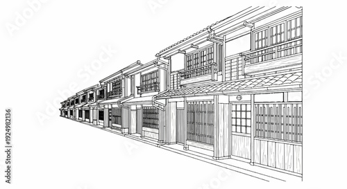 A linear perspective drawing of traditional multi-story buildings with tiled roofs