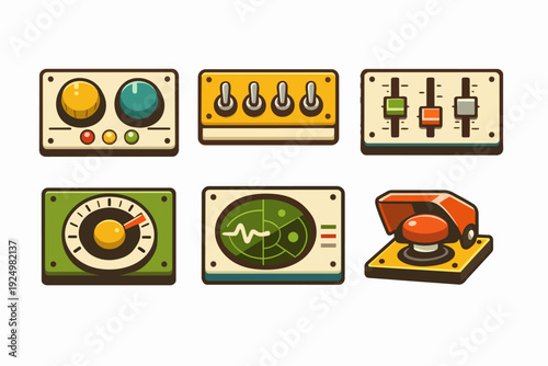 Retro technology control panel collection with dials, switches, faders, radar, and big red button