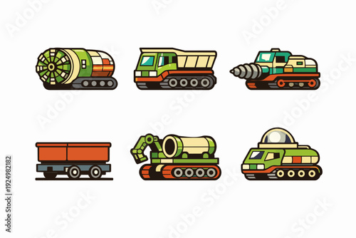 Mining and construction heavy machinery set vector producing industrial work