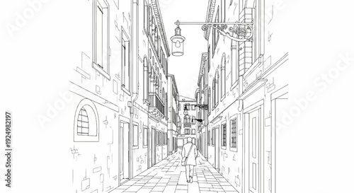 A lone figure walks down a narrow European street lined with buildings and a lamp