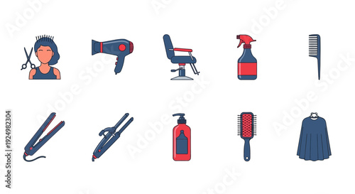 A row of ten flatdesign icons illustrating various hairstyling tools and salon equipment