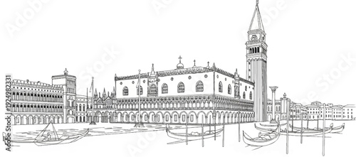 A detailed line drawing of a grand, ornate building with a tall tower, overlooking a canal with gondolas