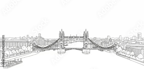 A stark black and white line drawing depicts a famous landmark bridge over a wide river