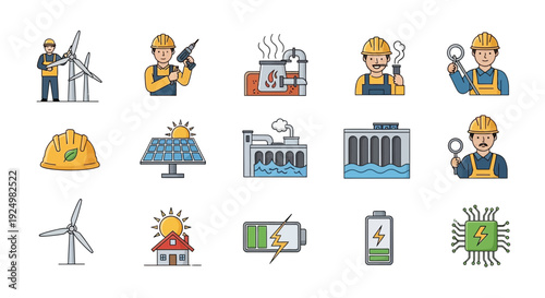 Collection of 15 icons related to energy production workers and technology