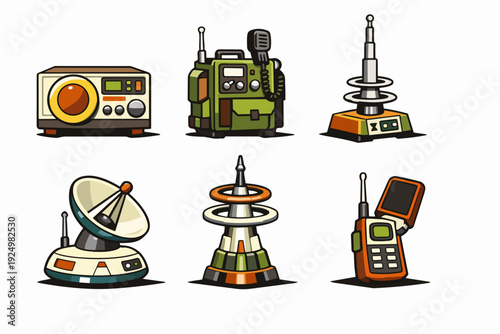 Communication equipment icons set depicting radio, satellite dish, walkie talkie, and antenna