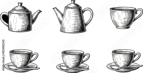 Vintage teapots and teacups with saucers and spoons, hand-drawn sketch