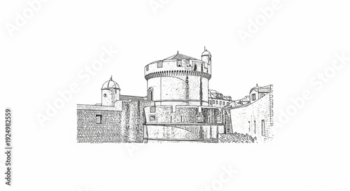 A sketch of an ancient stone fortress with multiple towers and crenellated walls