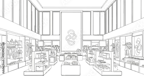 A stylized sketch of a modern boutique interior with clothing racks