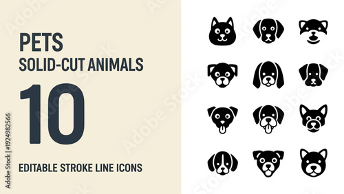 Collection of 10 Solid Cut Animal Pet Icons Editable Stroke Line Art.