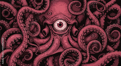 An illustration of an octopus with tentacles surrounding an all-seeing eye viewed from the front in a dark environment