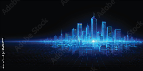 Blue abstract background featuring digital waves and a financial growth chart integrated with a city skyline and technological data lines for business and market illustration
