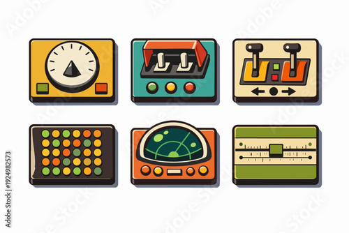 Retro control panel icons representing vintage technology, dashboard elements, and machine interfaces