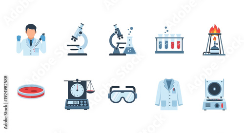 Collection of flat icon illustrations depicting various laboratory equipment and a scientist