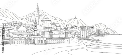 A line art depiction of a coastal city nestled against rolling hills, featuring mosques and modern architecture