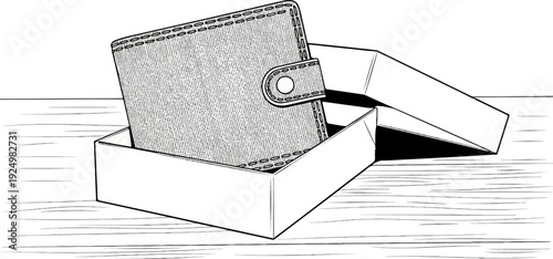 A textured wallet sits in an open box on a wooden surface