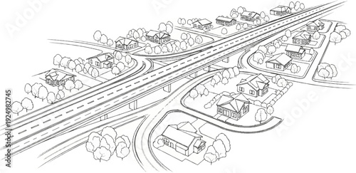 Suburban neighborhood with highway interchange and residential homes