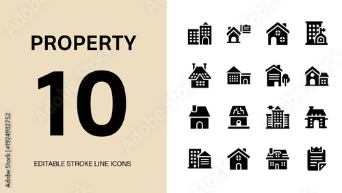 Collection of Property Icons Representing Buildings and Houses.