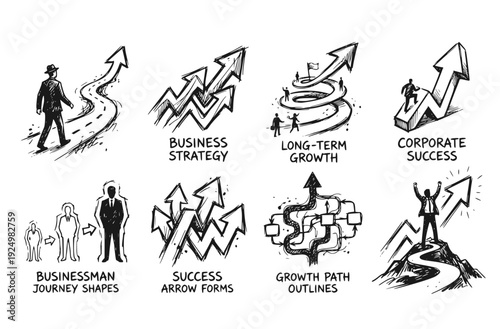 Man Walking Winding Path Upward Arrow Business Strategy Set 8 Chaotic Ink Sketch Long-Term Growth-Corporate Success Forms Vector Set