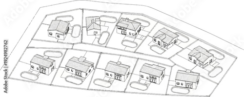 Aerial sketch of a housing development with several detached homes