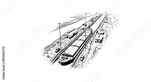 Aerial sketch of a long canal with a barge, locks, and buildings