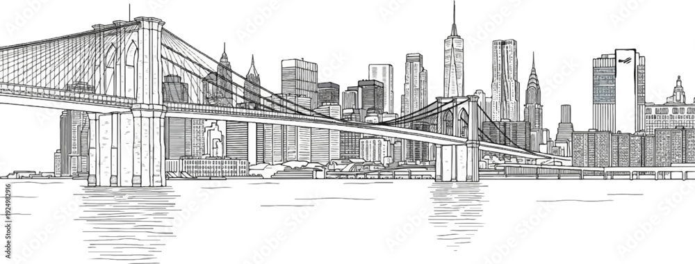 Fototapeta premium Stylized line art shows a suspension bridge crossing a river to a city skyline
