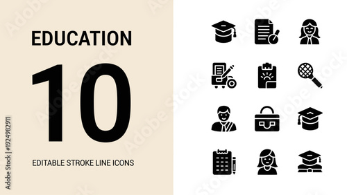 Education Icons Set Featuring Graduation Caps and Students.