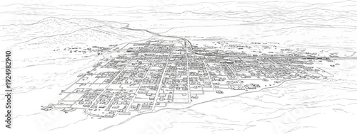 Aerial view illustration of a sprawling town nestled amongst rolling hills