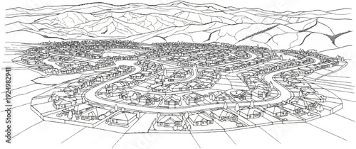 A detailed sketch of a sprawling suburban neighborhood nestled among rolling hills