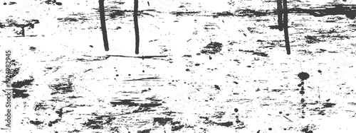 Abstract black grunge texture background with distressed scratches, paint splatters, and ink drips on white surface