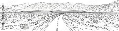 A winding road stretches through a desolate desert landscape towards distant mountains