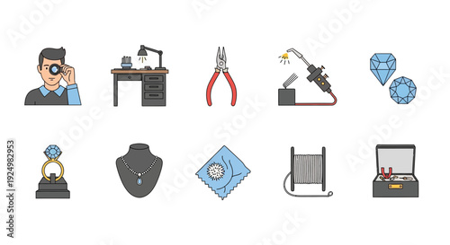 Collection of ten flatstyle icons related to jewelry making and appraisal