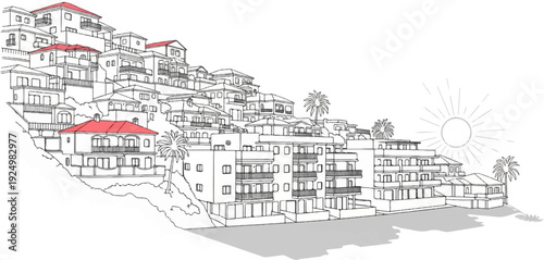 Sketch of buildings on a hillside with palm trees and a sun