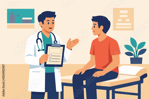 Doctor explaining diagnosis to a patient in clinic, providing healthcare advice