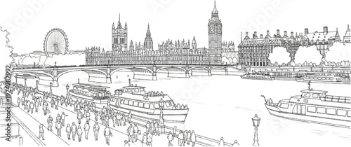 Sketch of London skyline with Thames river, iconic buildings, and busy waterfront